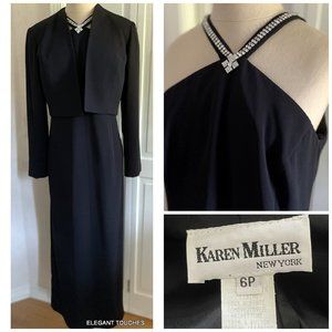 Vintage Karen Miller Petite Black Long Beaded Halter Dress 6P Bolero Jacket 2pc